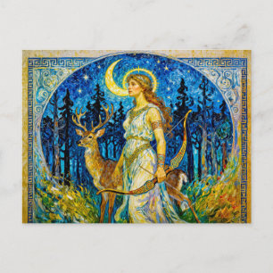Artemis with Deer and Bow in a Starry Forest Night Postcard