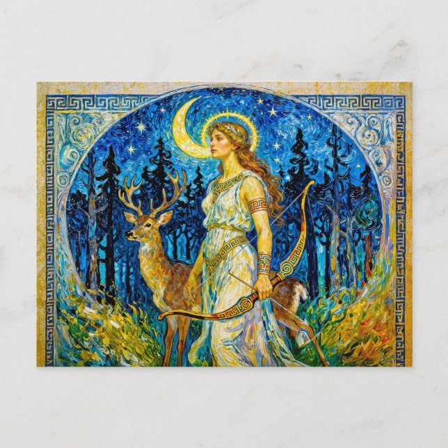 Artemis with Deer and Bow in a Starry Forest Night Postcard (Front)