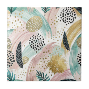 Artful Botanical Brushstroke & Gold Abstract Ceramic Tile
