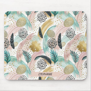 Artful Botanical Brushstroke & Gold Abstract Mouse Pad