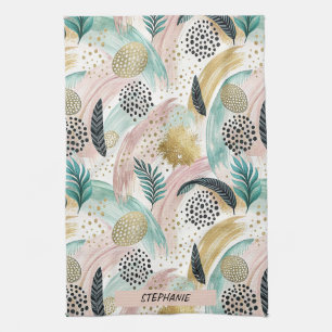 Artful Botanical Brushstroke & Gold Abstract Tea Towel