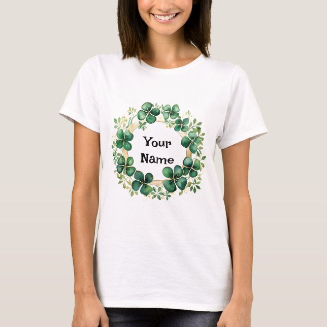 Artful Green Watercolor Clover Weath T-Shirt (Front)