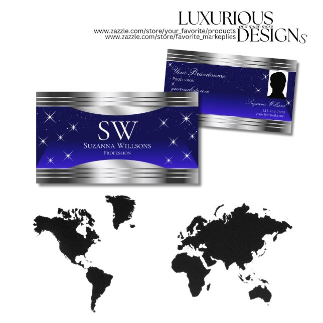 Artful Night Sky Blue Silver Border Monogram Photo Business Card (Creator Uploaded)