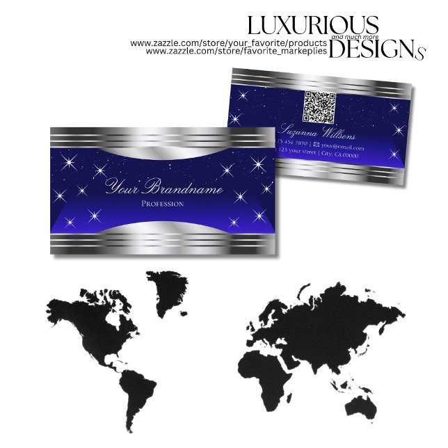Artful Night Sky Blue Silver Borders with QR Code Business Card (Creator Uploaded)