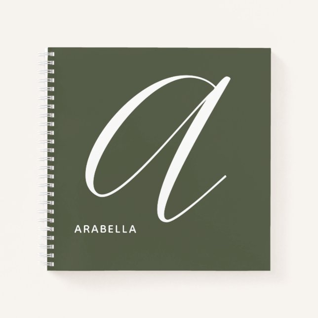 Artfully Monogrammed Letter A Chive Green Notebook (Front)