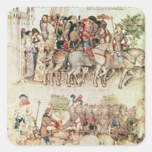 Arthur and his knights setting out on the square sticker