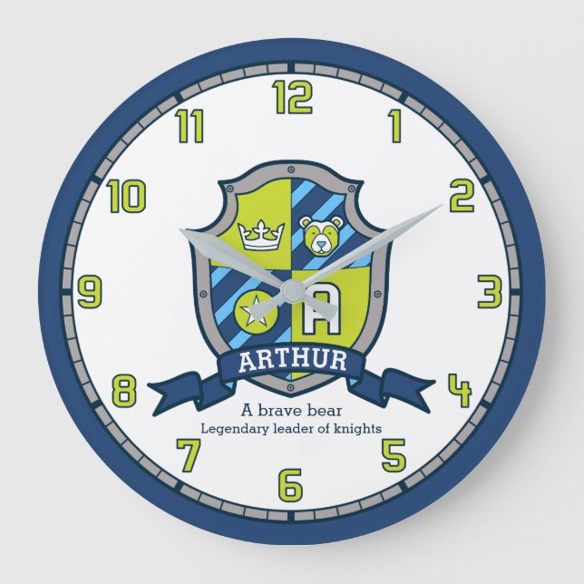 Arthur boys name meaning green blue knights shield large clock (Front)