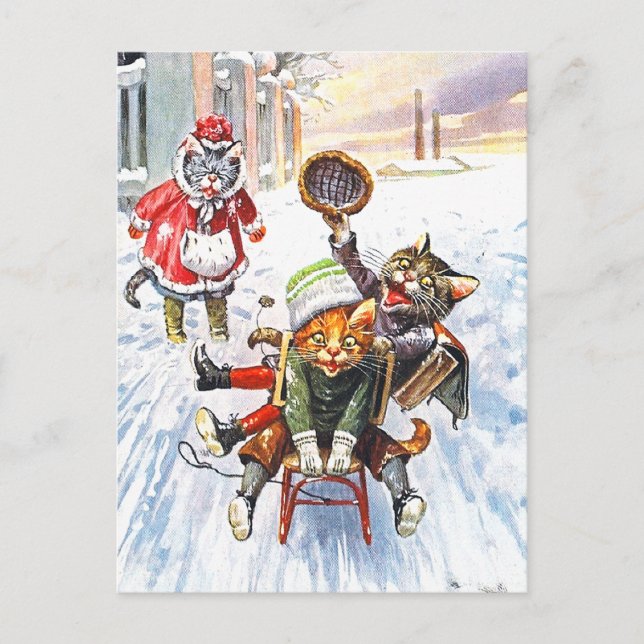 Arthur Thiele - Cats Going Downhill Snow Sledding Postcard (Front)