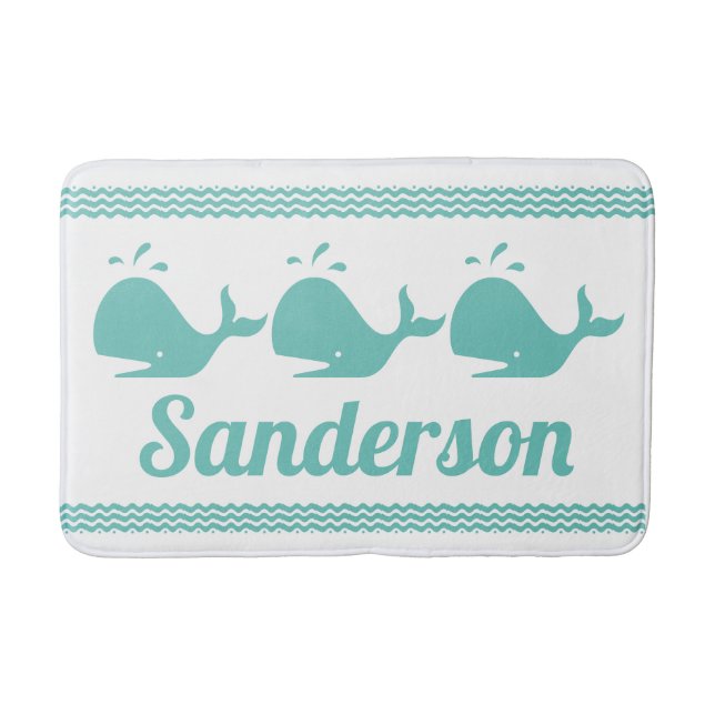 Artic Teal Blue Whale & waves Blue & White coastal Bath Mat (Front)