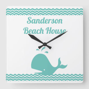 Artic Teal Blue Whale & waves Blue & White coastal Square Wall Clock