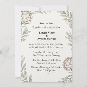 Artichoke Blooms, Olive Branches, Watercolor Folia Invitation