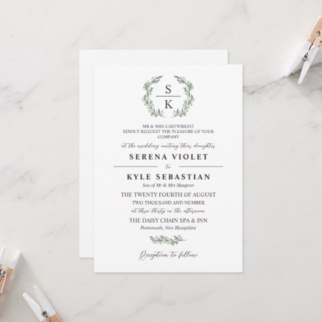 Artichoke Green Laurel Wreath Monogram Wedding Invitation (Front/Back In Situ)