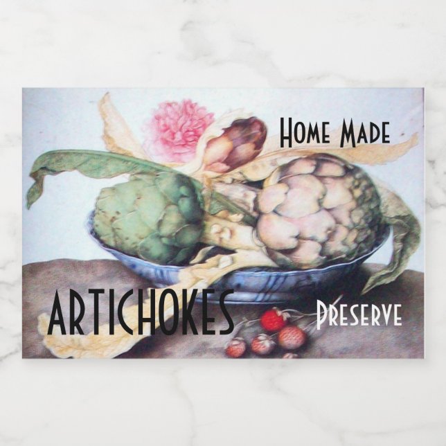 ARTICHOKES PLATE WITH ROSE & STRAWBERRIES Preserve Food Label (Single Label)