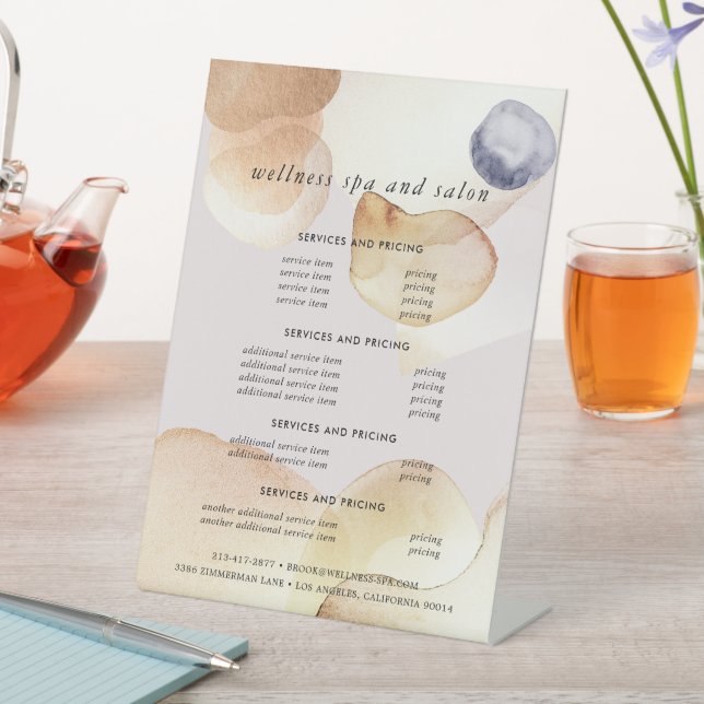 Artisan Abstract Watercolor Gold & Navy Menu Price Pedestal Sign (In SItu)