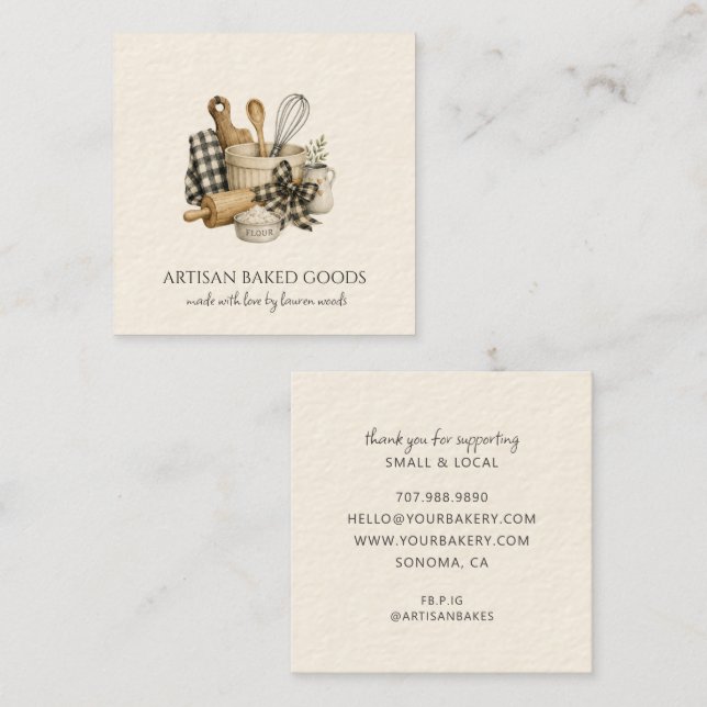 Artisan Bakery Baking Utensils Plaid Bow Square Business Card (Front/Back)