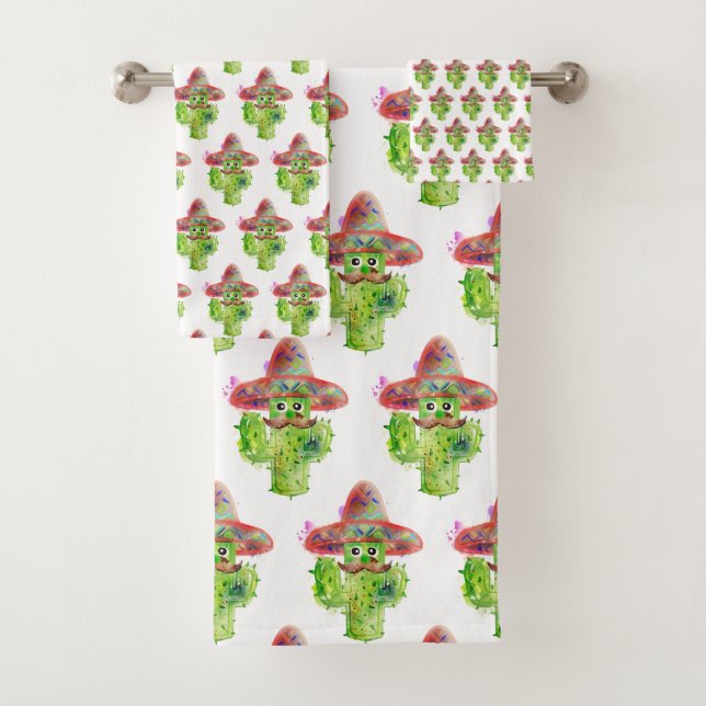 Artisan Cactus Moustache Hat Eyes Kids Fun  Bath Towel Set (Insitu)