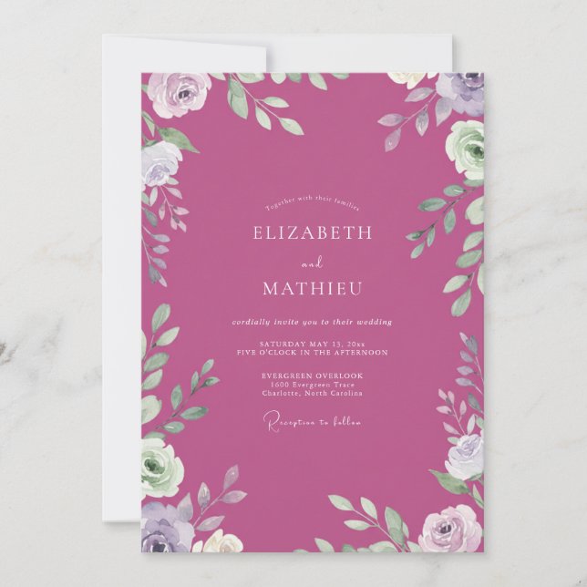Artisan Magenta Leafy Wedding Invitation (Front)