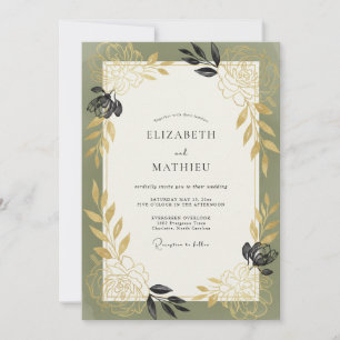 Artisan Olive Charcoal Leafy Wedding Invitation