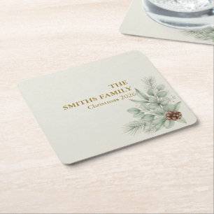 Artisan Winter Botanical Eucalyptus Family Name Square Paper Coaster
