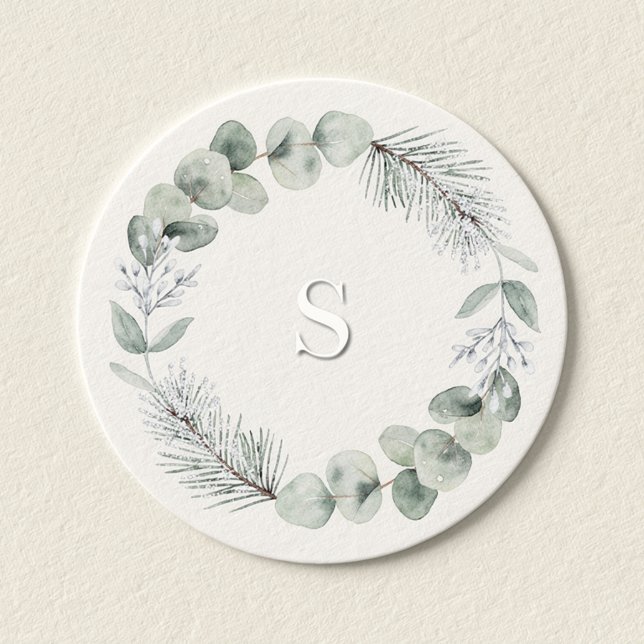 Artisan Winter Botanical Monogram Initial Ivory Classic Round Sticker (Artisan Winter Botanical Monogram Initial Round Sticker)