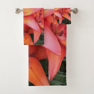 Artisitc Coral Coloured Garden Lilies Bath Towel Set