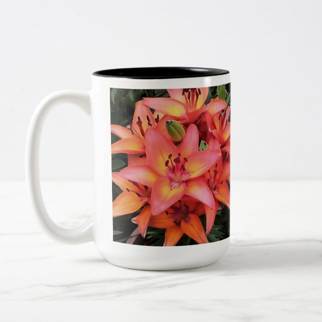 Artisitc Coral Coloured Garden Lilies Two-Tone Coffee Mug (Left)