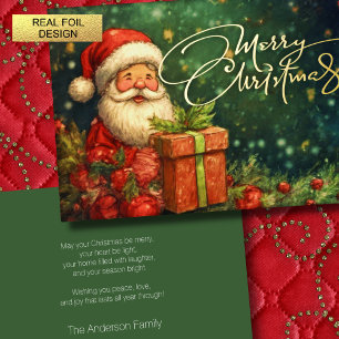 Artisitc Santa Illustration Christmas Red Green Foil Holiday Card