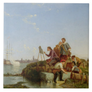 Artist at his Easel and Shipping beyond, 1894 (oil Ceramic Tile