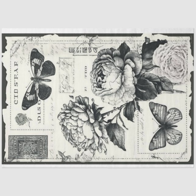 Artist Black White Large Peony Decoupage  Tissue Paper (Front)