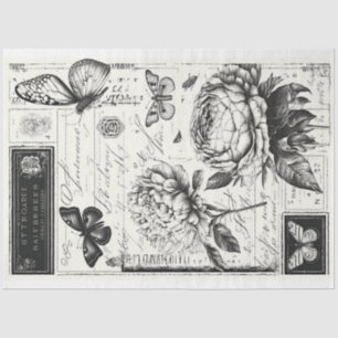 Artist Black White Large Vintage Floral Decoupage Tissue Paper