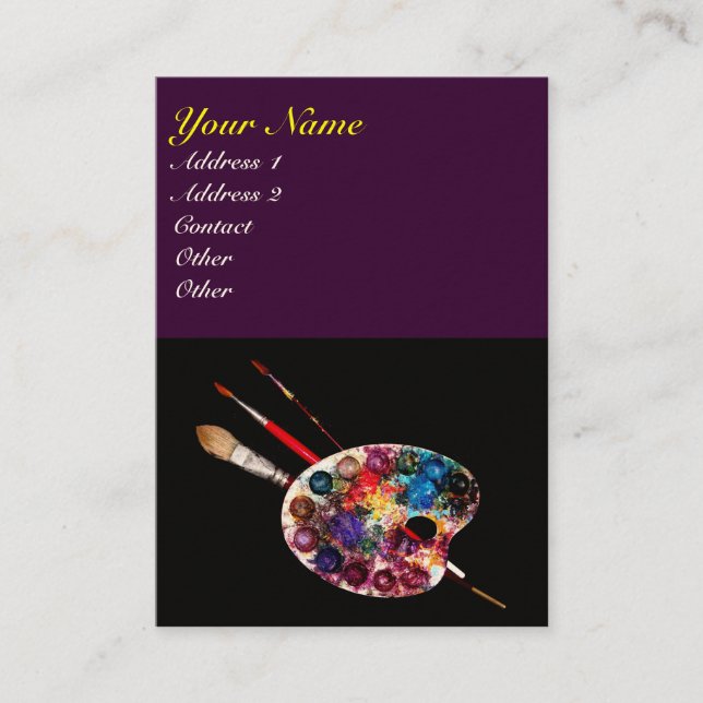 ARTIST COLOR PALETTE AND BRUSHES ,Black Purple Business Card (Front)