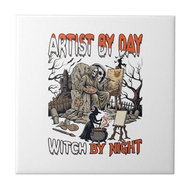Artist Day Witch Night Halloween Skeleton Painter  Ceramic Tile (Front)