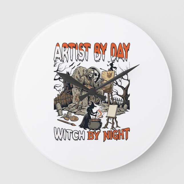 Artist Day Witch Night Halloween Skeleton Painter  Large Clock (Front)