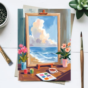 Artist Easel Canvas Watercolor Painting Postcard