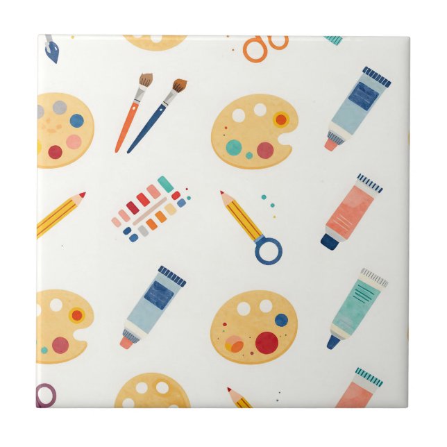 Artist Paint Tools Pattern Cute Watercolor Ceramic Tile (Front)