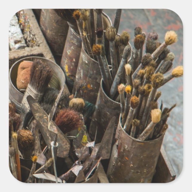 Artist Paintbrushes and Paint in Old Wooden Case Square Sticker (Front)
