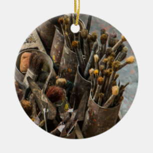 Artist Paintbrushes in Old Rusty Tin Cans Ceramic Tree Decoration