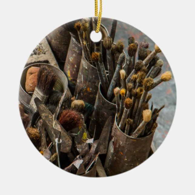 Artist Paintbrushes in Old Rusty Tin Cans Ceramic Tree Decoration (Front)