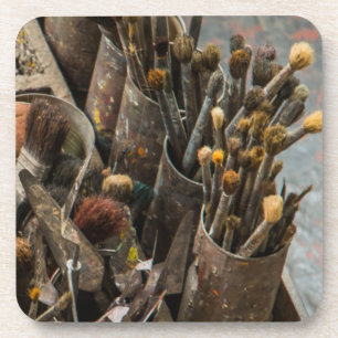 Artist Paintbrushes in Old Rusty Tin Cans Coaster