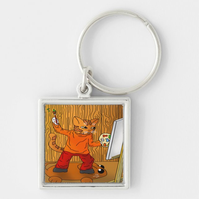 Artist Painter Cat Key Ring (Front)