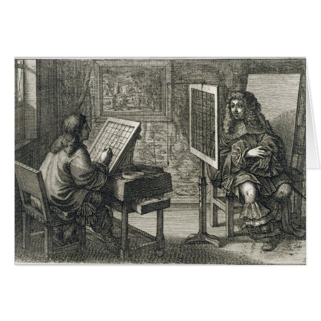 Artist painting a portrait over a grid for accurat (Front Horizontal)