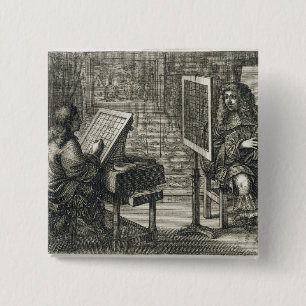 Artist painting a portrait over a grid for accurat 15 cm square badge