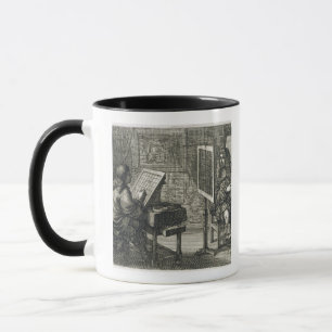 Artist painting a portrait over a grid for accurat mug