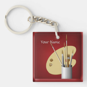 Artist Palette and Brushes Canvas Red Keychain