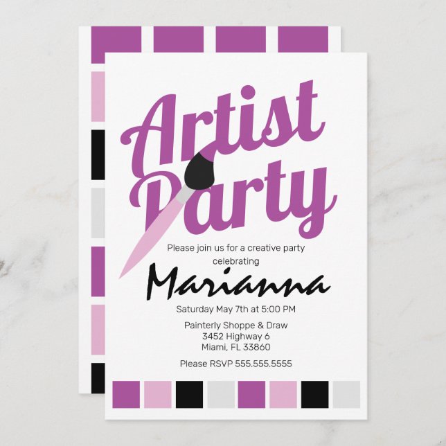 Artist Party Palette Birthday Purple  Invitation (Front/Back)