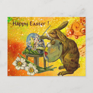 ARTIST RABBIT WITH PALETTE PAINTING EASTER EGGS HOLIDAY POSTCARD