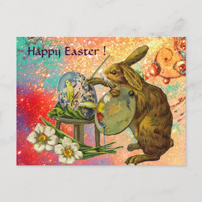 ARTIST RABBIT WITH PALETTE PAINTING EASTER EGGS HOLIDAY POSTCARD (Front)