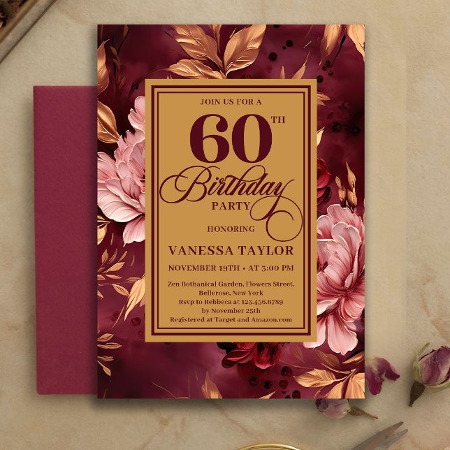Artistic 60th Birthday Burgundy Blush Bohemian  Invitation (Artistic 60th Birthday Burgundy Blush Bohemian Invitation)