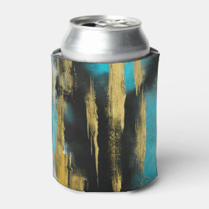 Artistic Abstract Art in Turquoise, Gold and Black Can Cooler