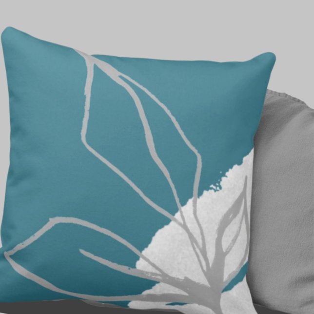 Artistic Abstract Leaves | Turquoise Grey & White Cushion (Creator Uploaded)